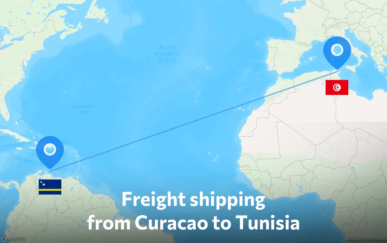 Shipping route from Curacao to Tunisia