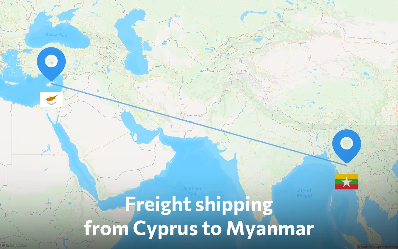 Shipping route from Cyprus to Myanmar