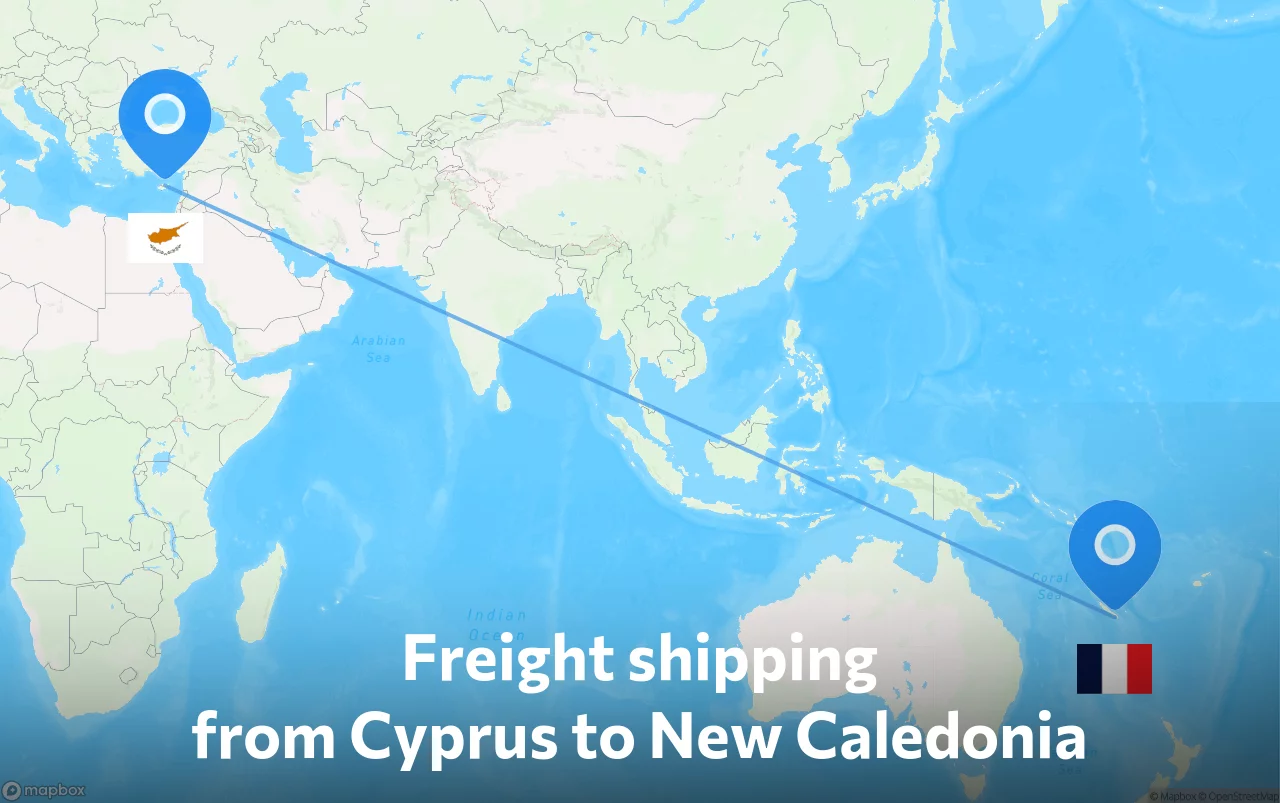 Shipping route from Cyprus to New Caledonia