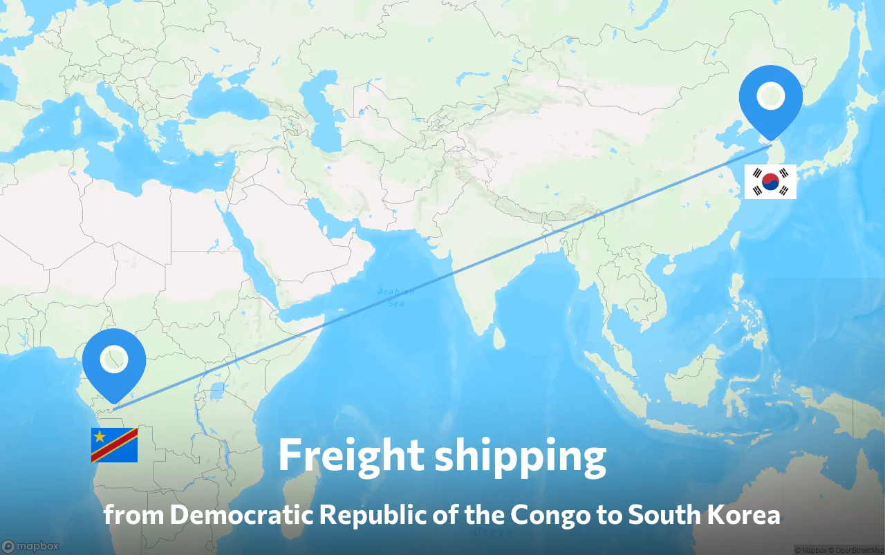 Shipping route from Democratic Republic of the Congo to South Korea