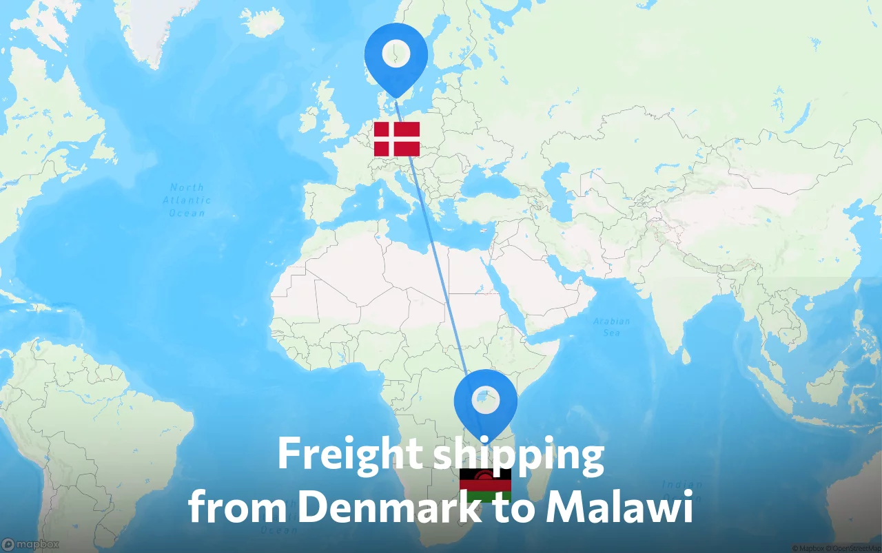 Shipping route from Denmark to Malawi