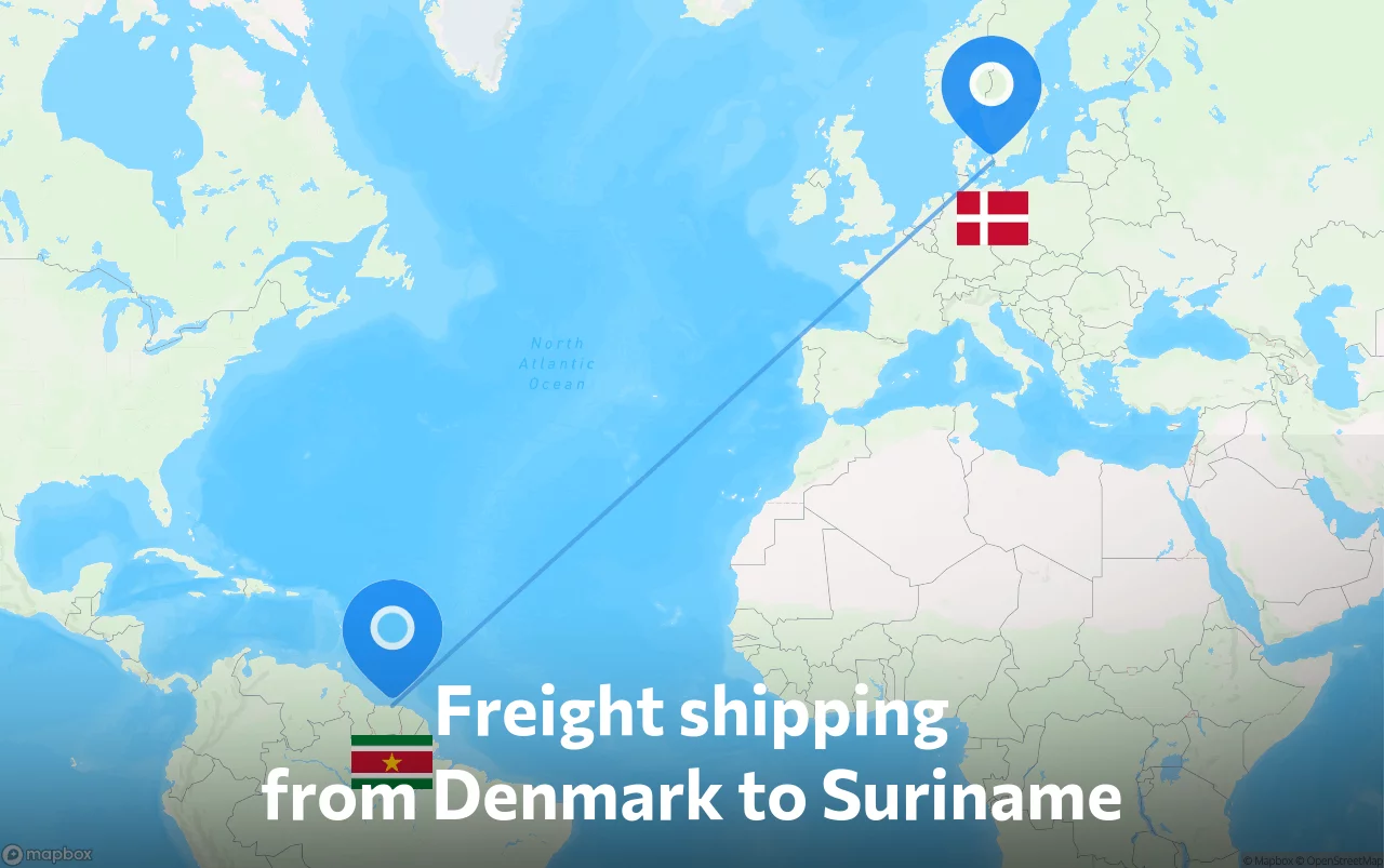 Shipping route from Denmark to Suriname