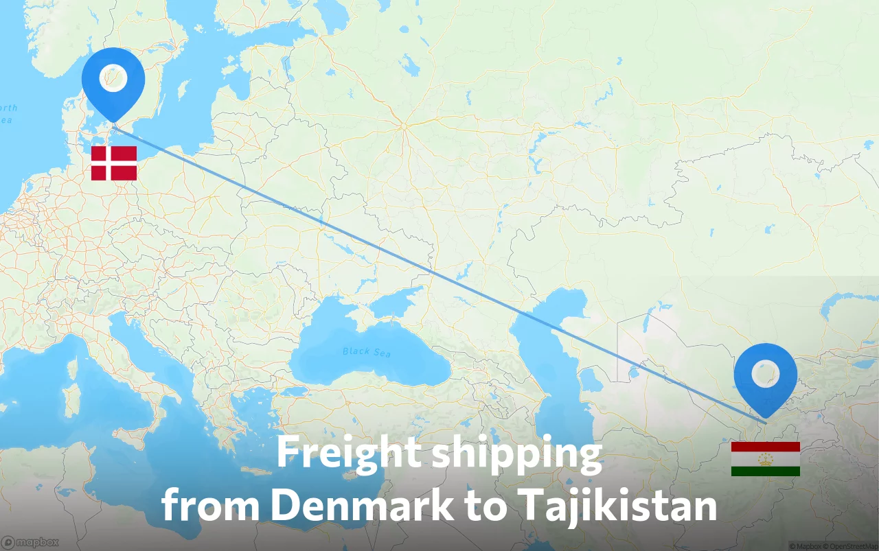 Shipping route from Denmark to Tajikistan