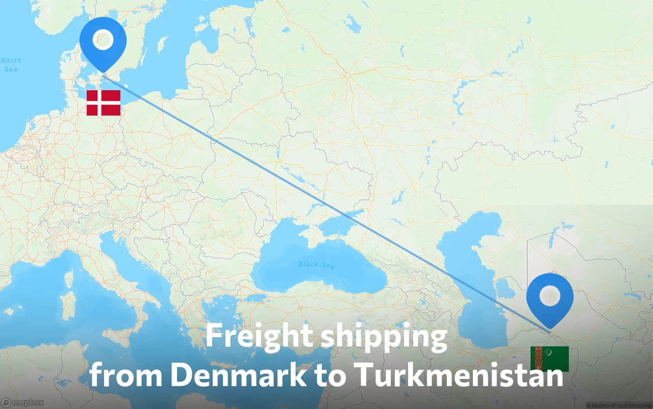 Shipping route from Denmark to Turkmenistan