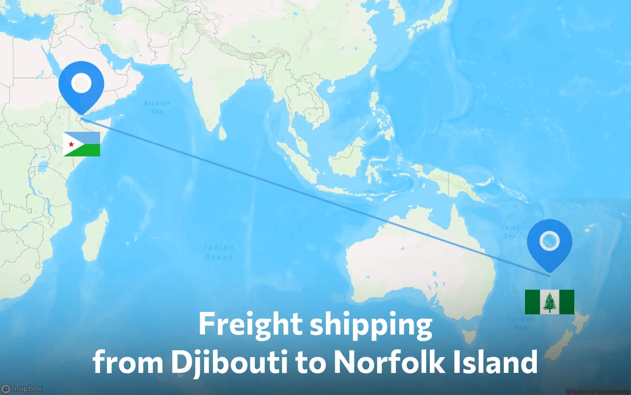 Shipping route from Djibouti to Norfolk Island