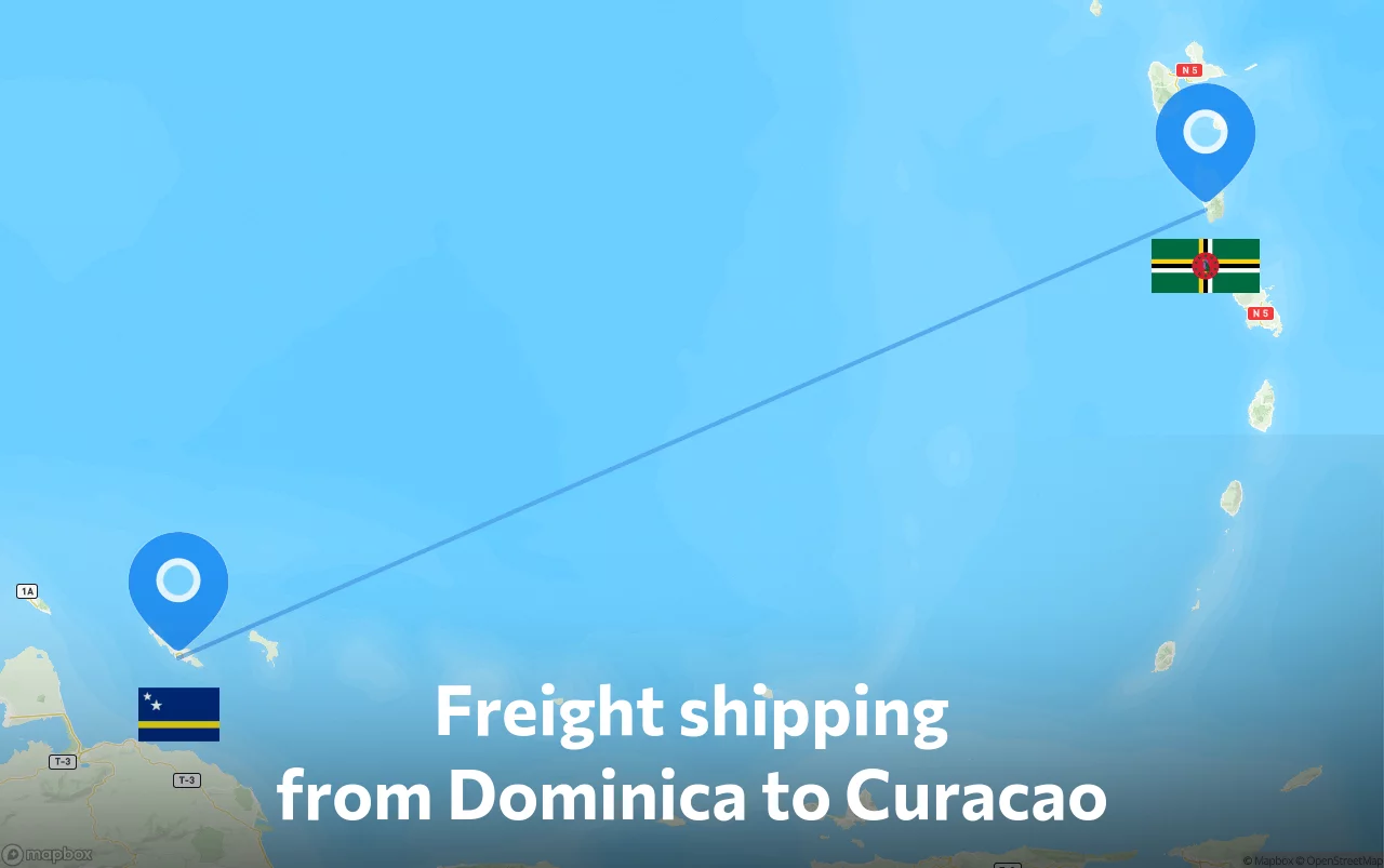 Shipping route from Dominica to Curacao