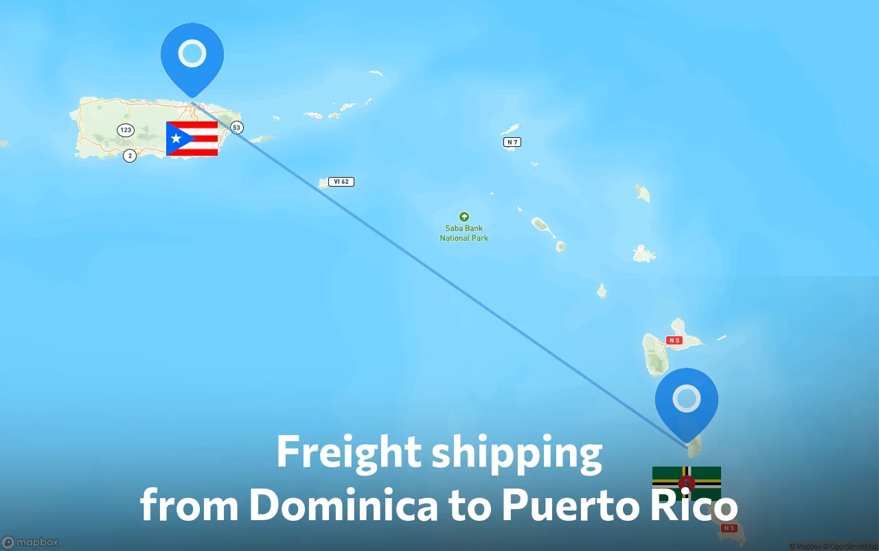 Shipping route from Dominica to Puerto Rico