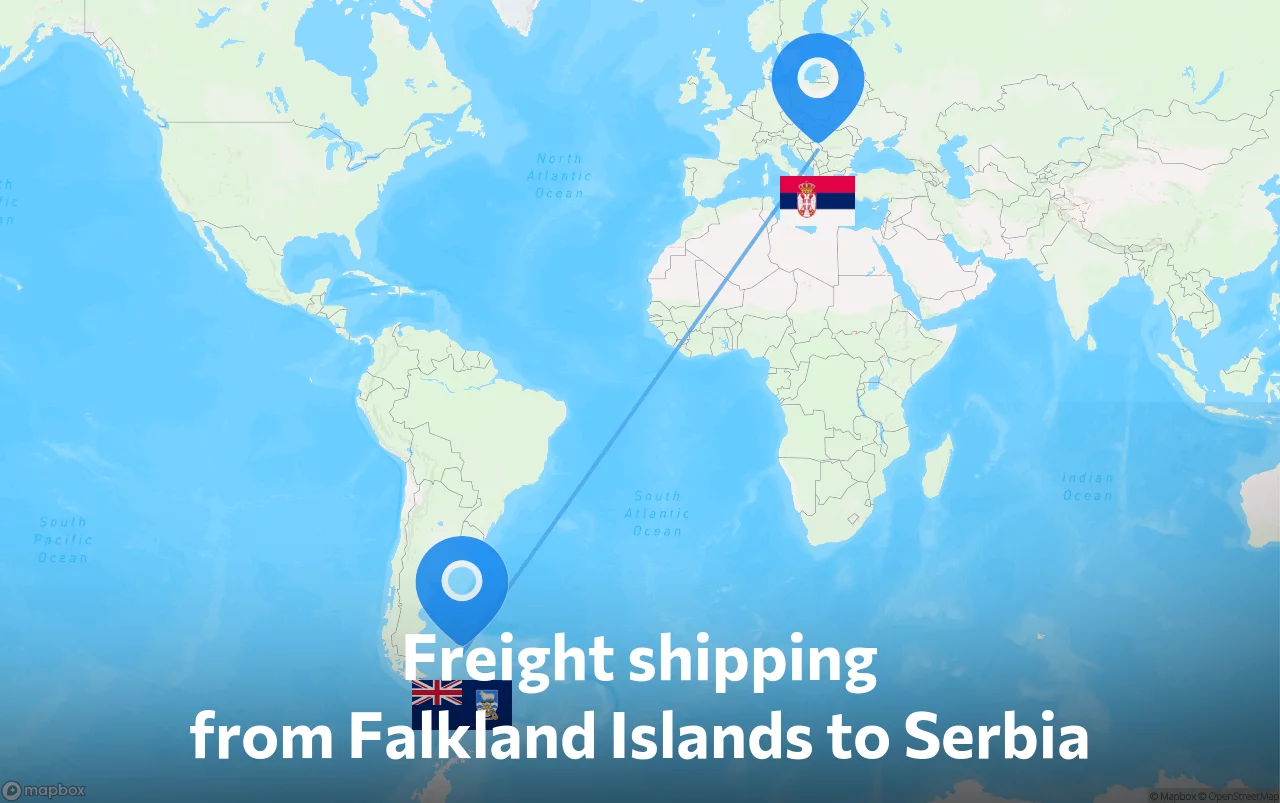 Shipping route from Falkland Islands to Serbia