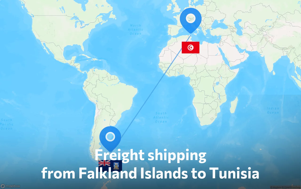 Shipping route from Falkland Islands to Tunisia