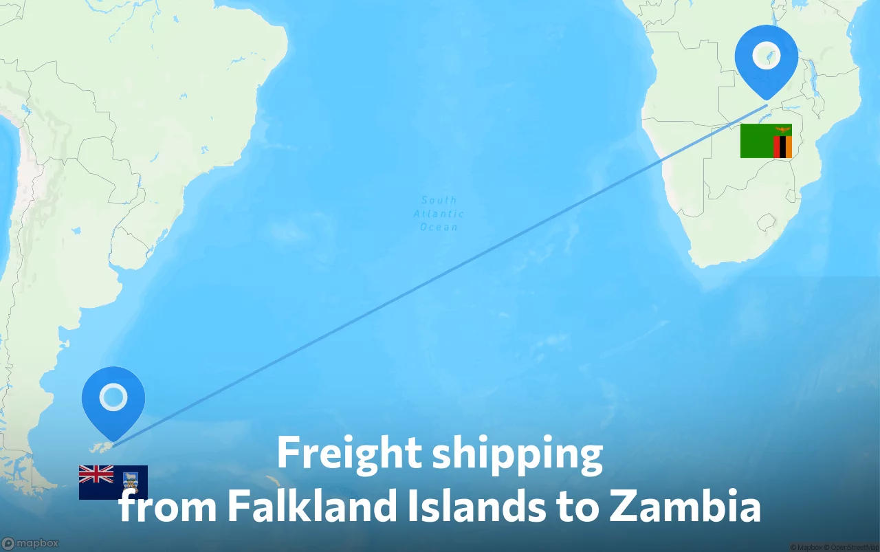 Shipping route from Falkland Islands to Zambia