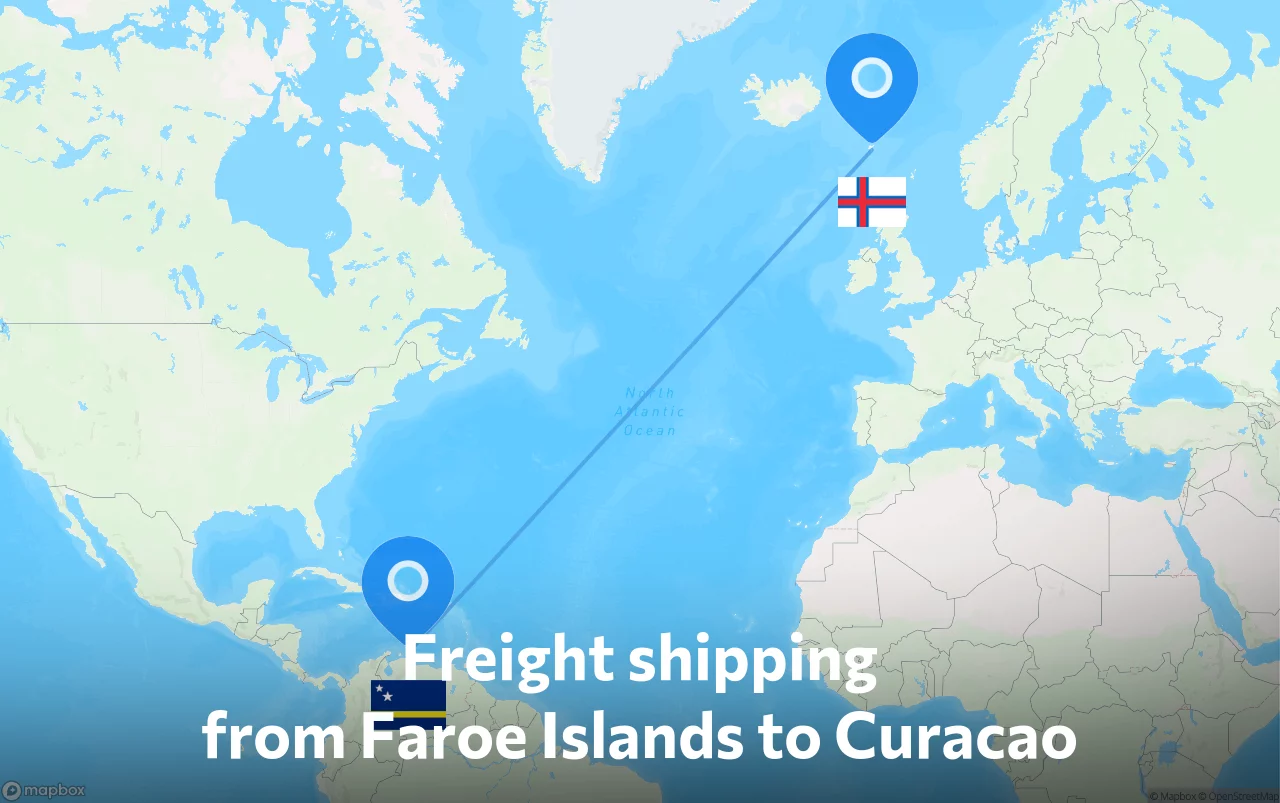 Shipping route from Faroe Islands to Curacao