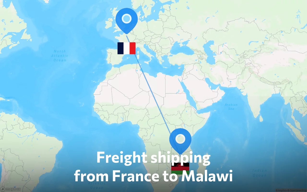 Shipping route from France to Malawi