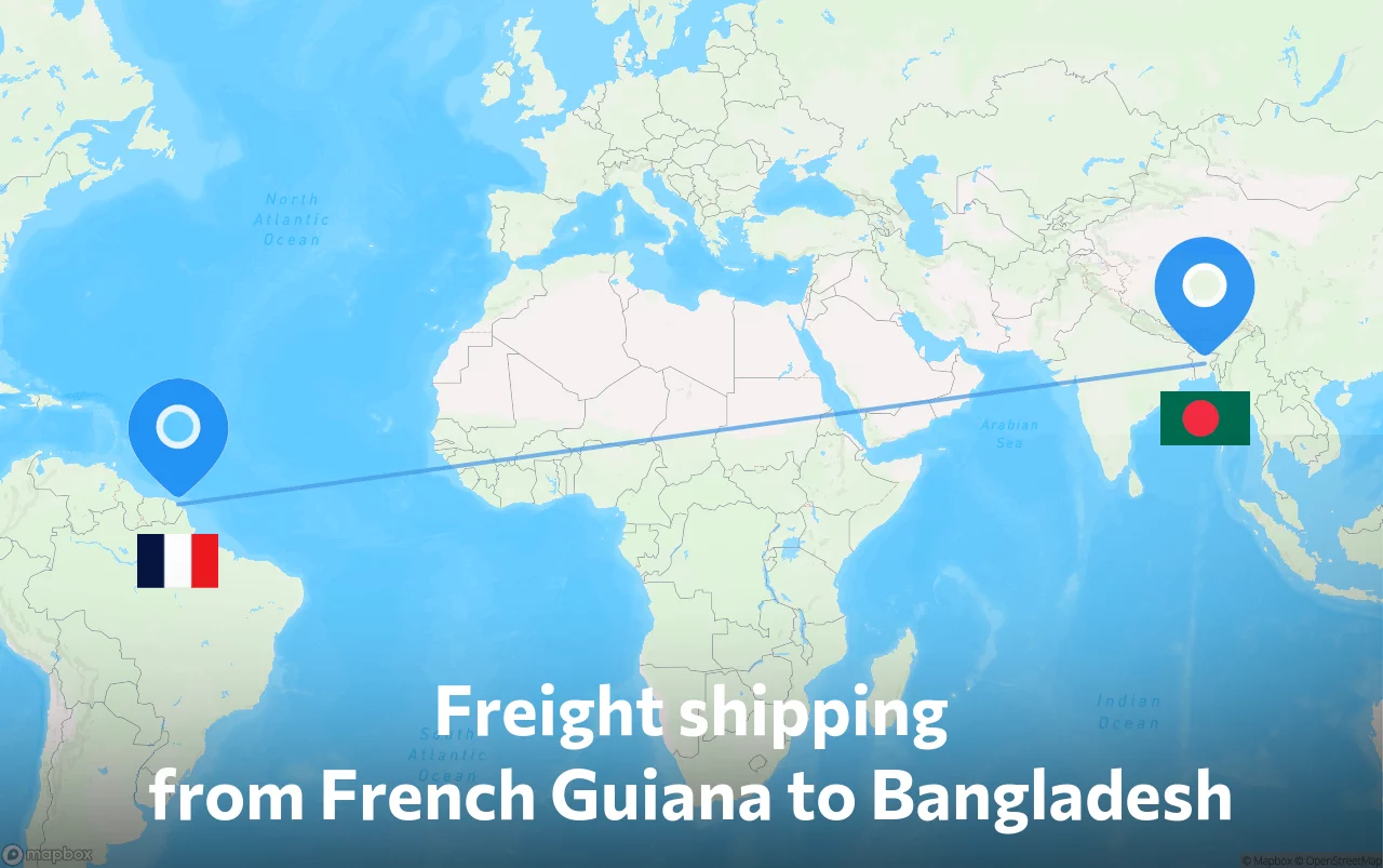 Shipping route from French Guiana to Bangladesh