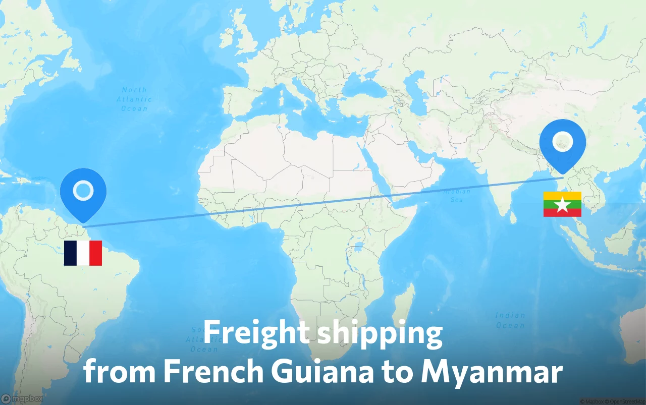 Shipping route from French Guiana to Myanmar