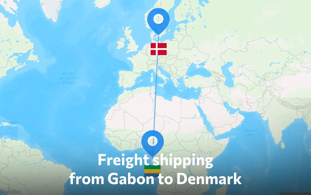 Shipping route from Gabon to Denmark