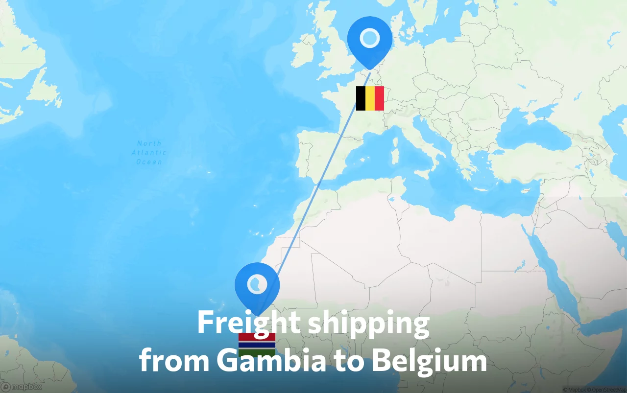 Shipping route from Gambia to Belgium