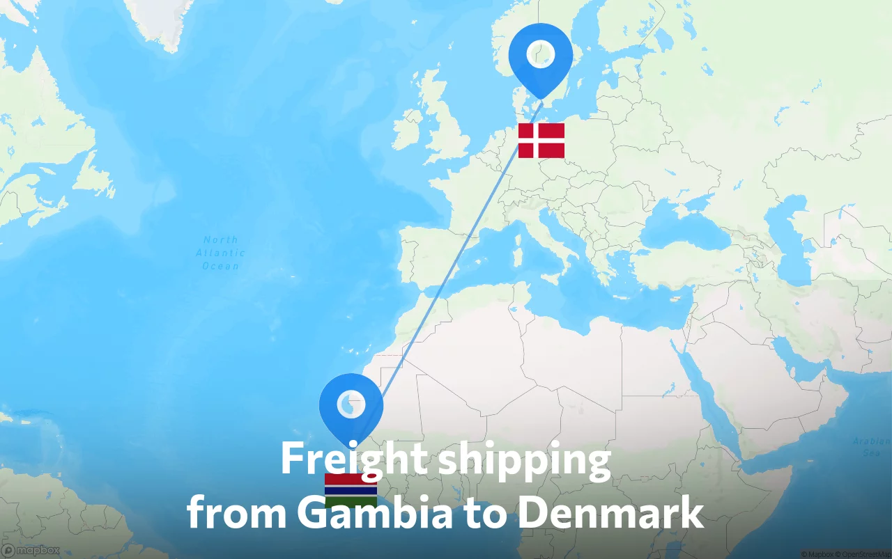 Shipping route from Gambia to Denmark