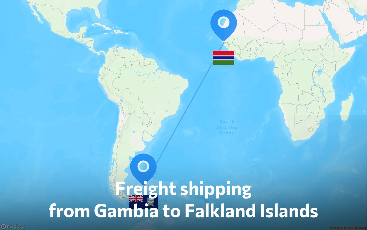 Shipping route from Gambia to Falkland Islands