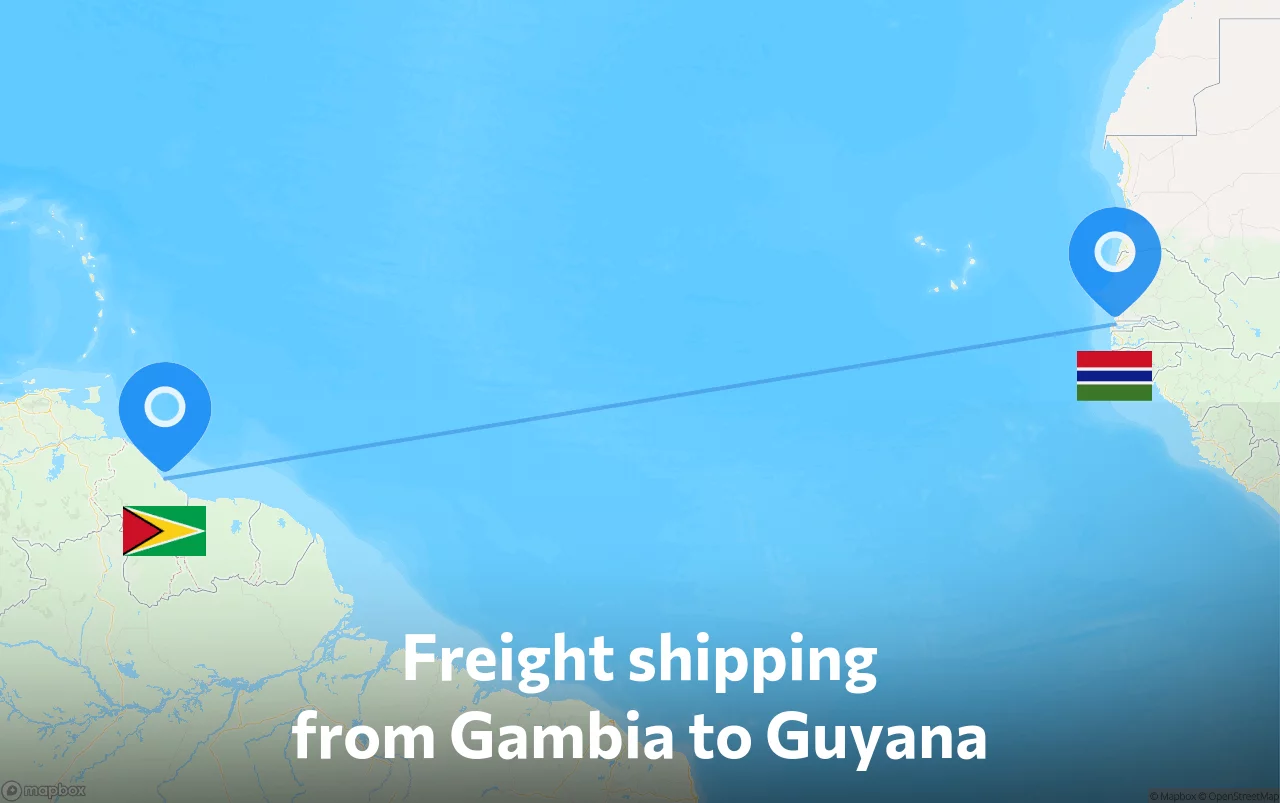 Shipping route from Gambia to Guyana