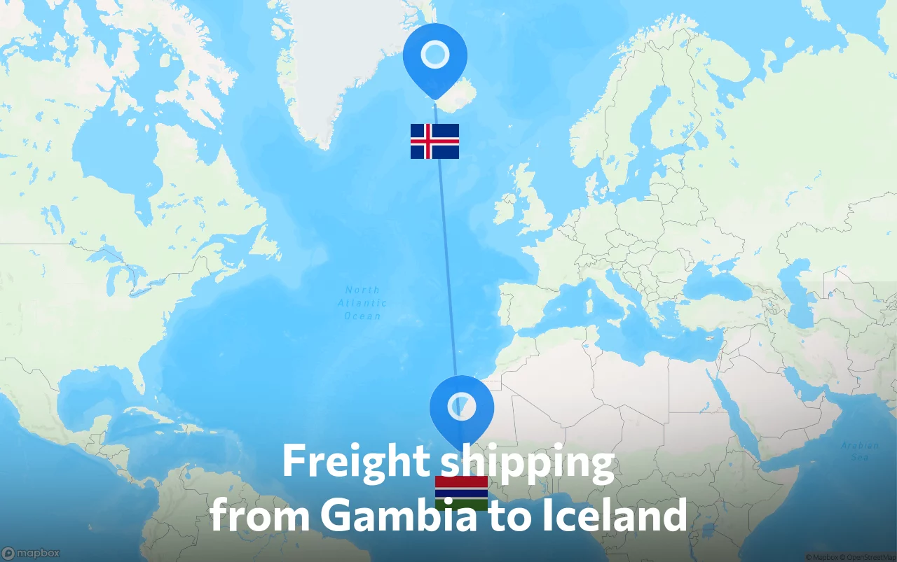 Shipping route from Gambia to Iceland
