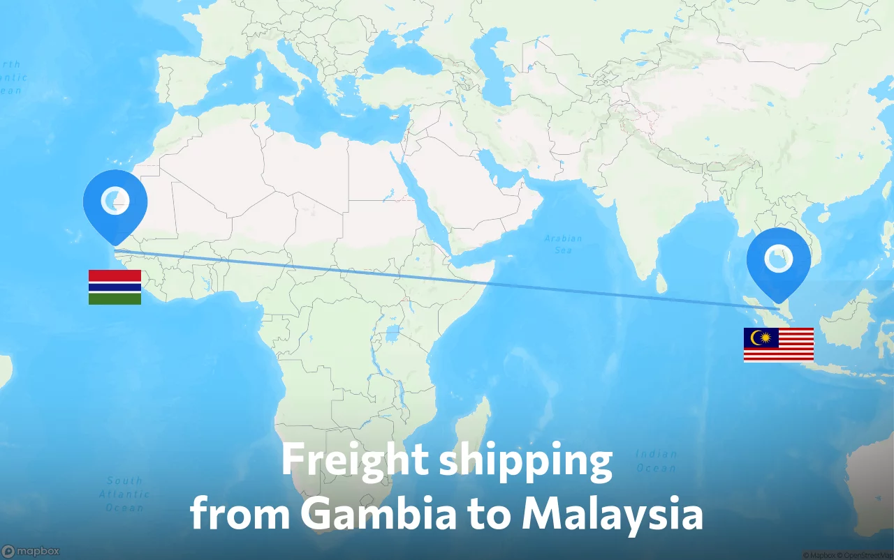 Shipping route from Gambia to Malaysia