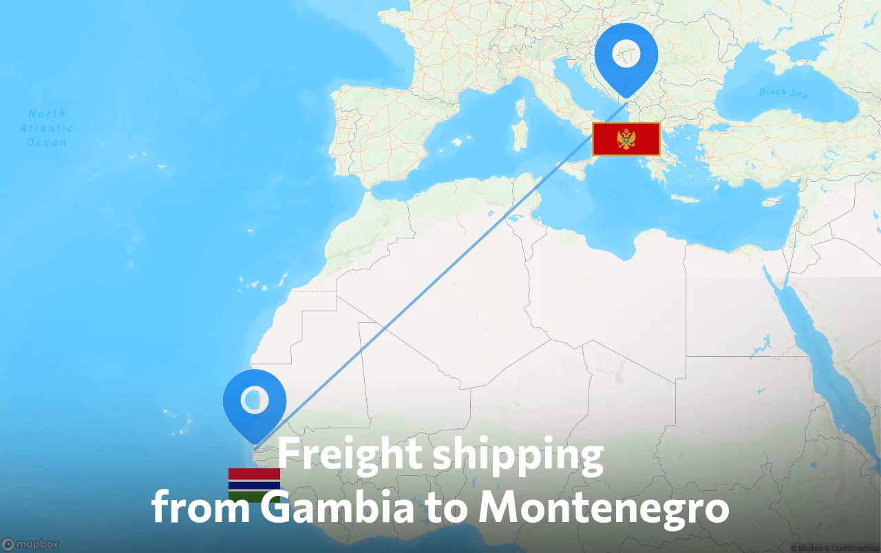 Shipping route from Gambia to Montenegro