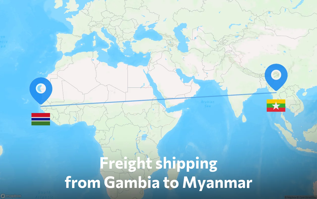 Shipping route from Gambia to Myanmar