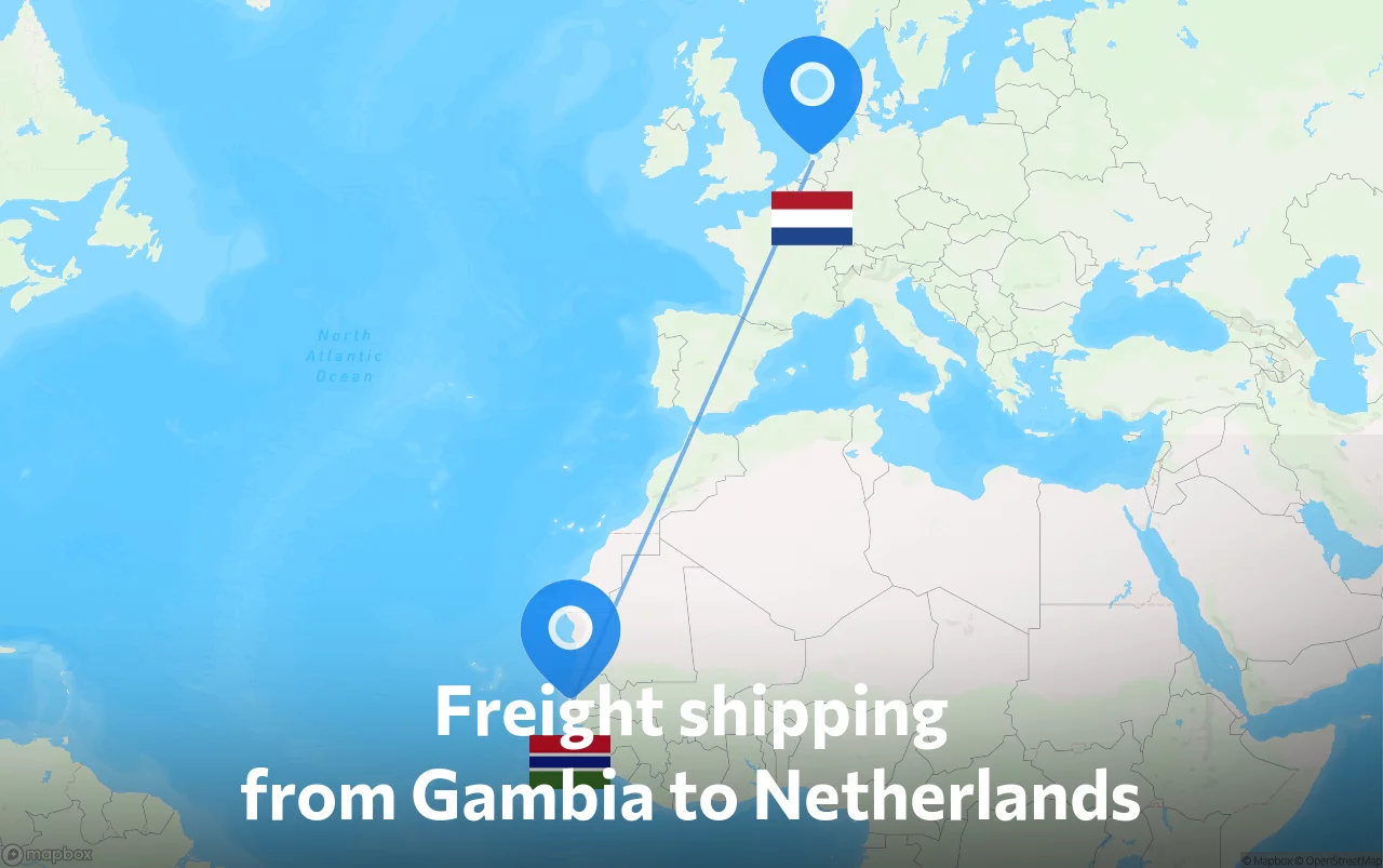 Shipping route from Gambia to Netherlands