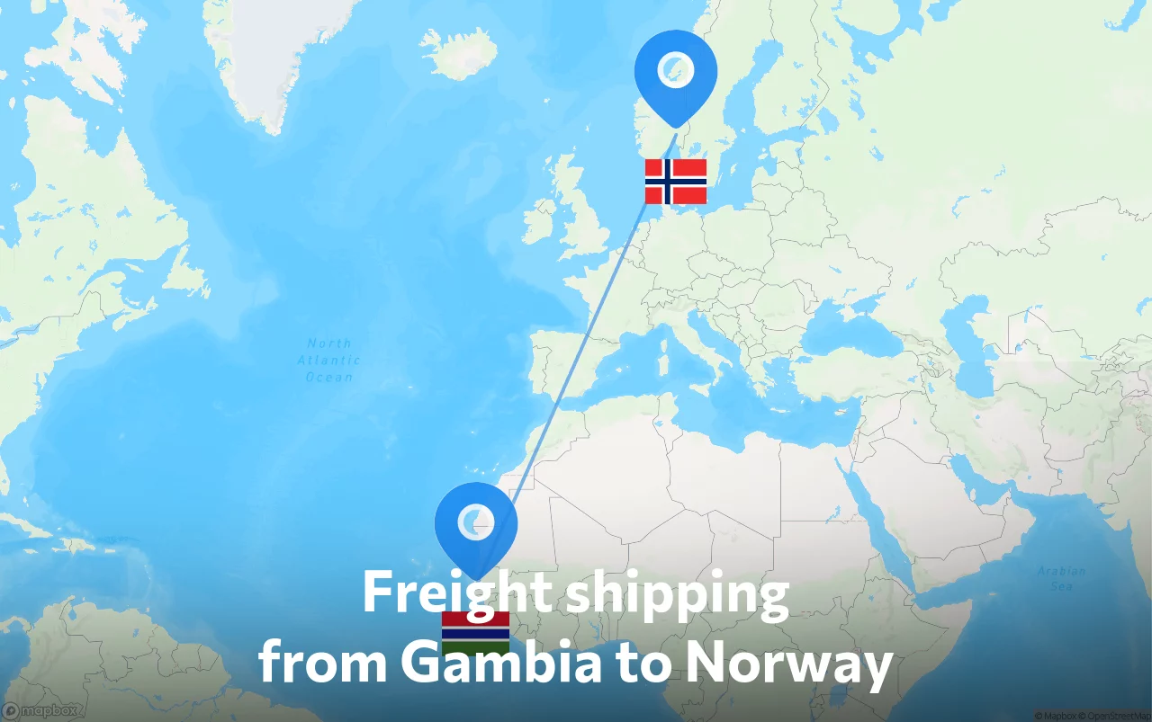 Shipping route from Gambia to Norway