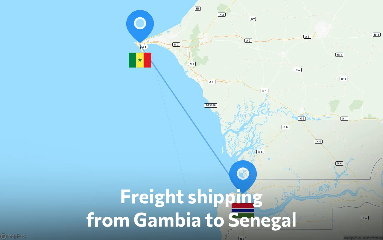 Shipping route from Gambia to Senegal