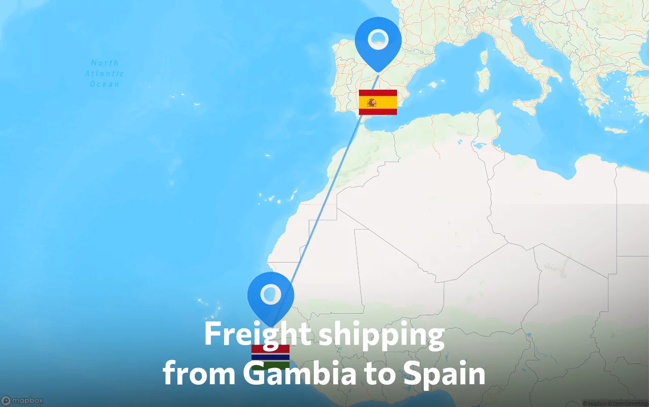 Shipping route from Gambia to Spain