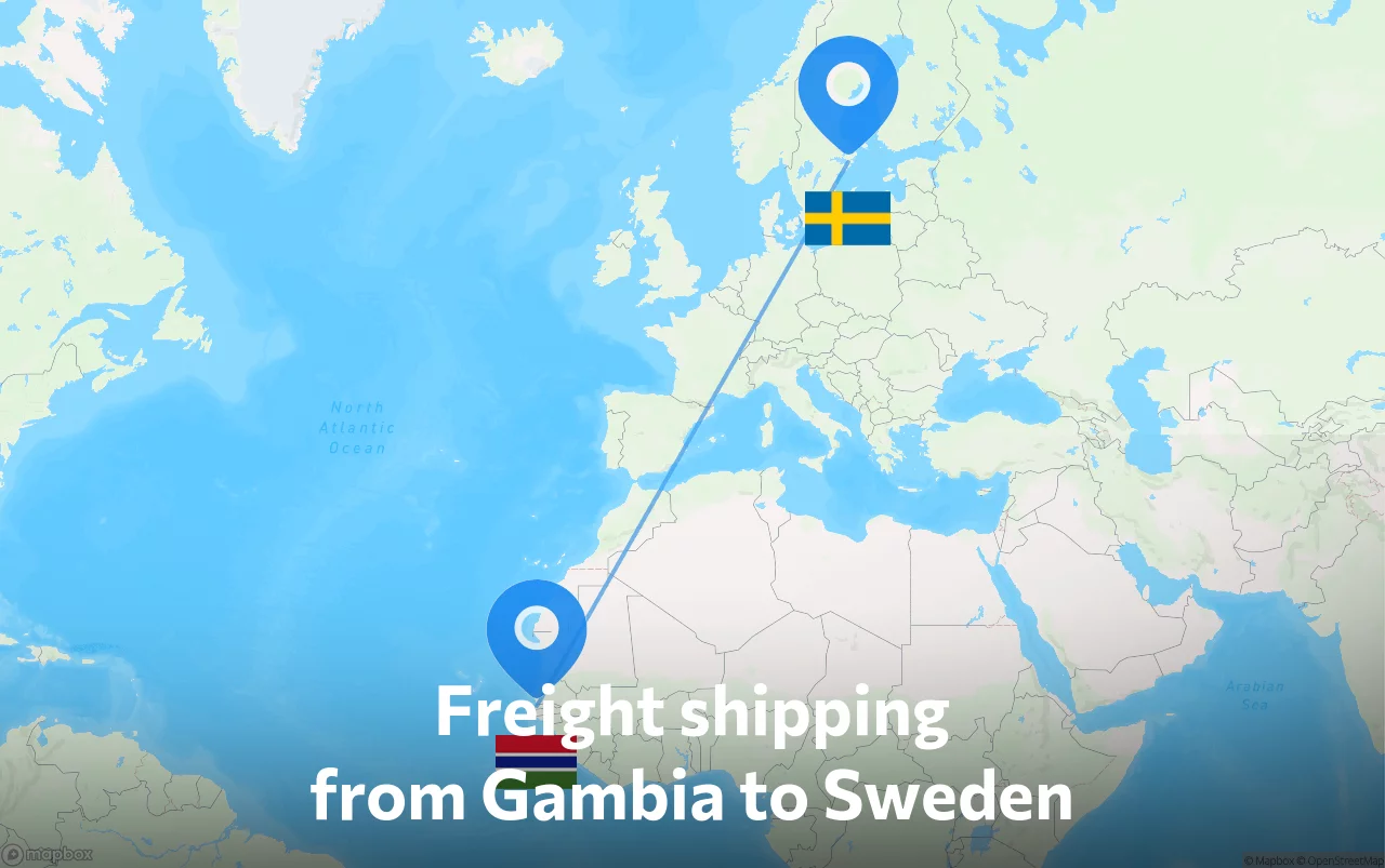 Shipping route from Gambia to Sweden
