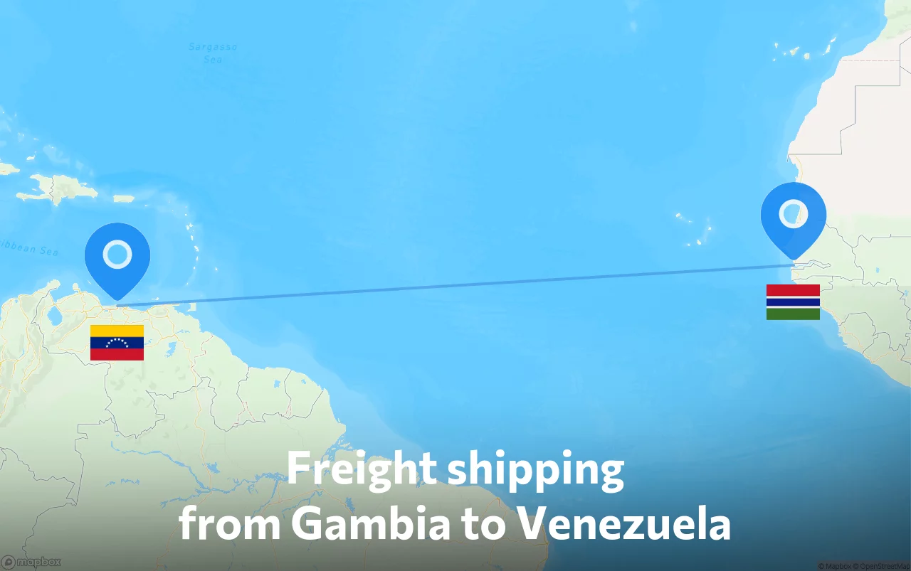 Shipping route from Gambia to Venezuela