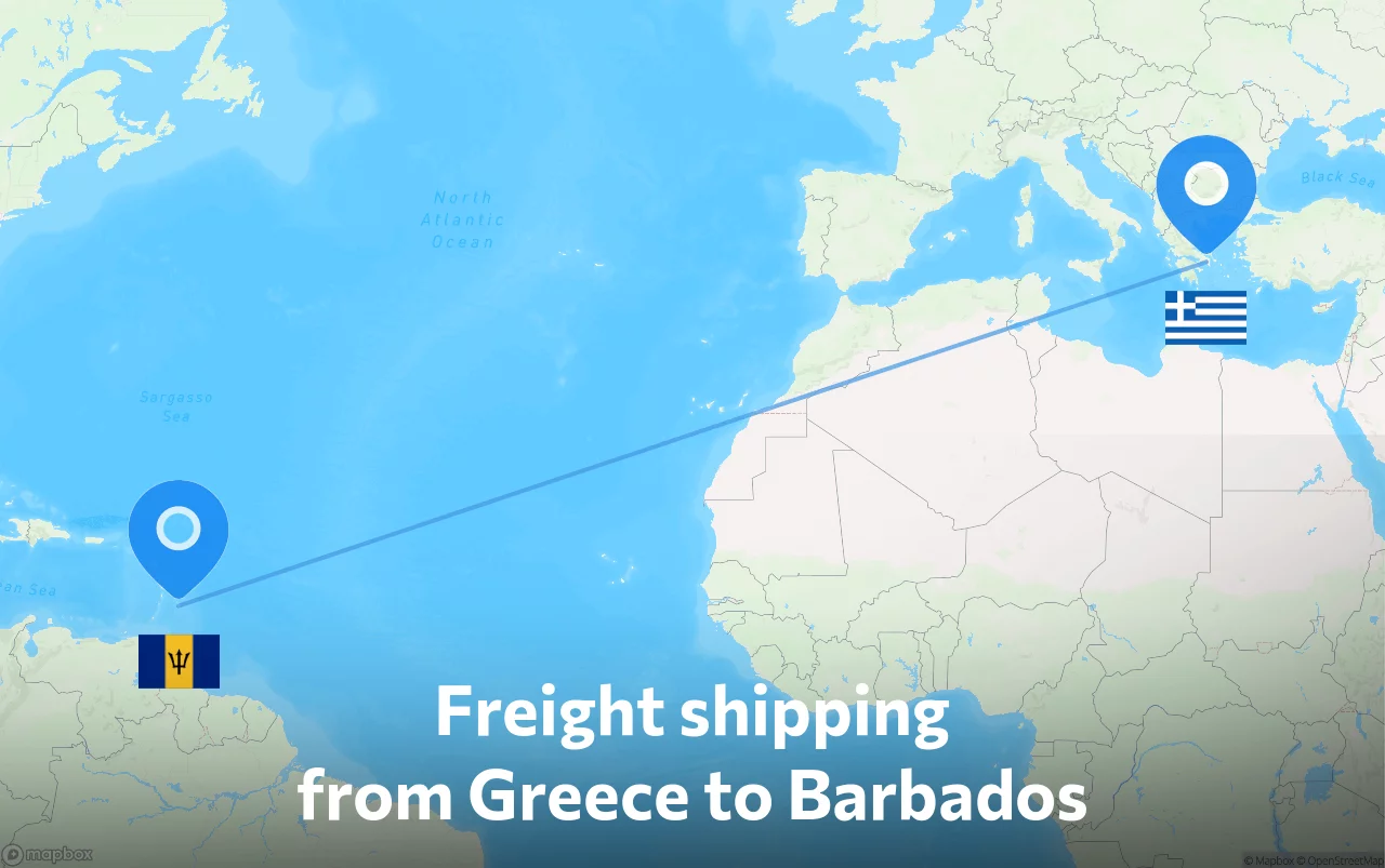 Shipping route from Greece to Barbados