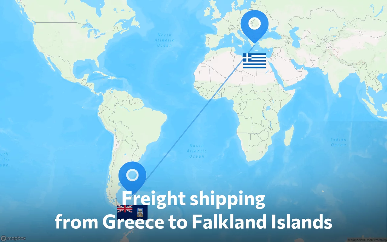 Shipping route from Greece to Falkland Islands