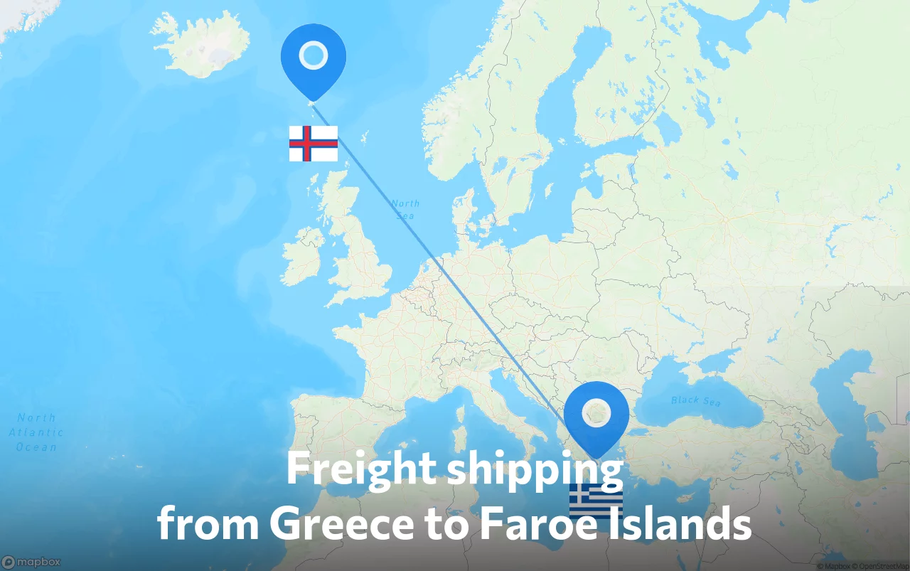 Shipping route from Greece to Faroe Islands