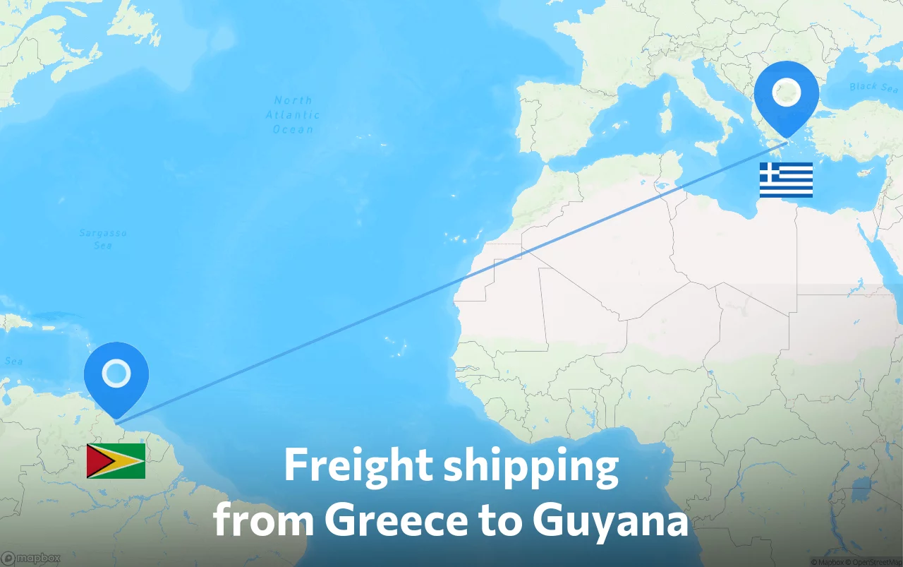 Shipping route from Greece to Guyana