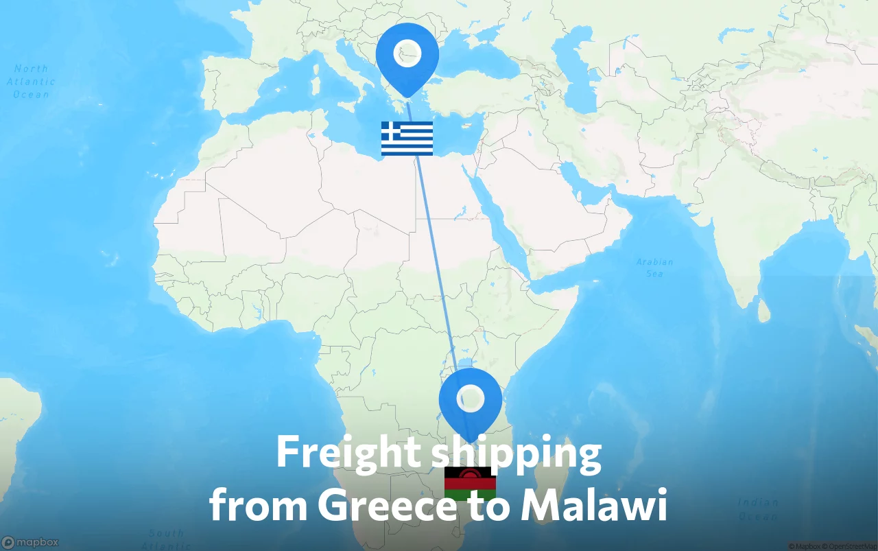 Shipping route from Greece to Malawi