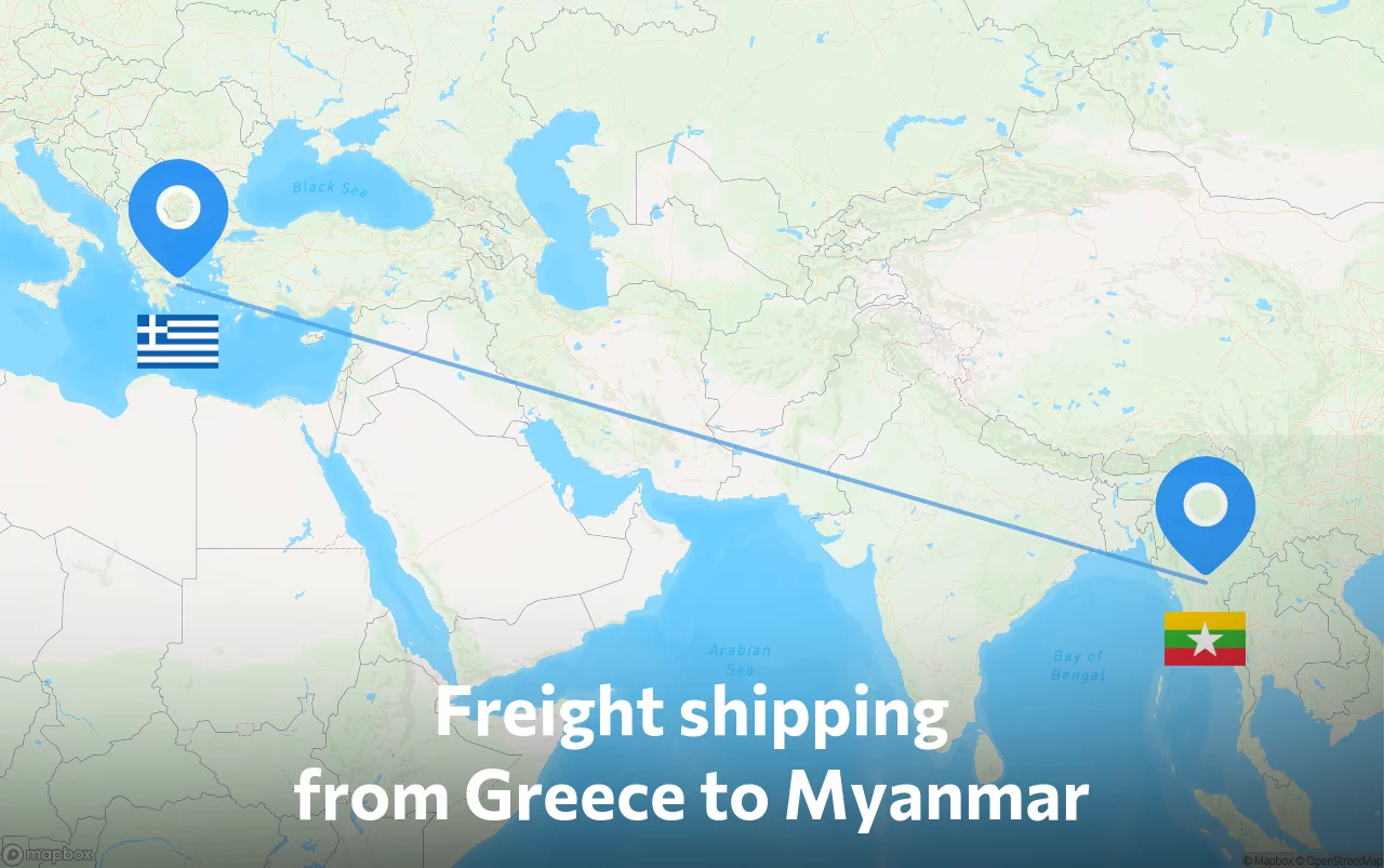 Shipping route from Greece to Myanmar