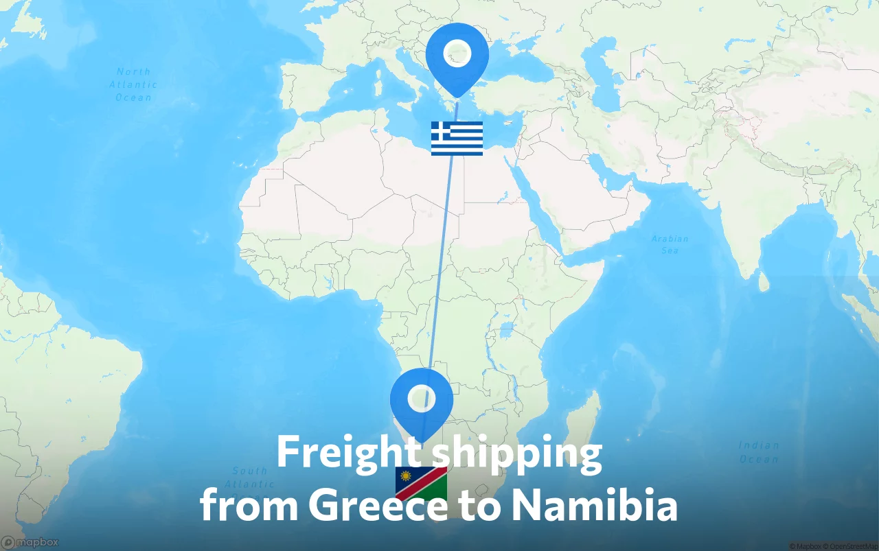 Shipping route from Greece to Namibia