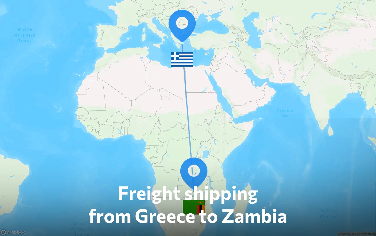 Shipping route from Greece to Zambia
