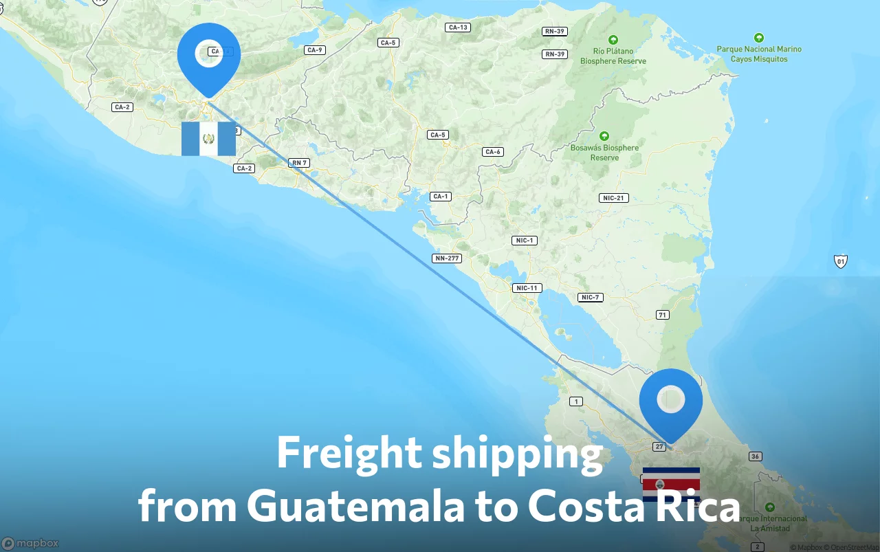 Shipping route from Guatemala to Costa Rica