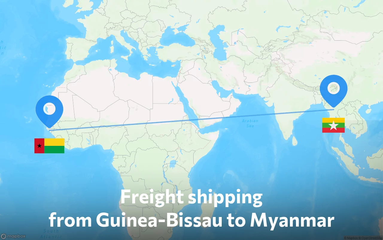 Shipping route from Guinea-Bissau to Myanmar
