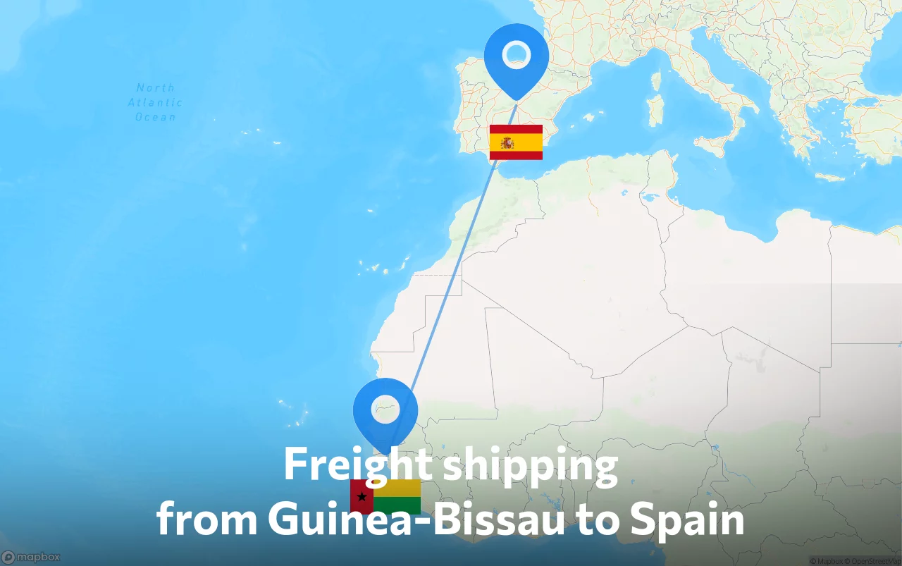 Shipping route from Guinea-Bissau to Spain
