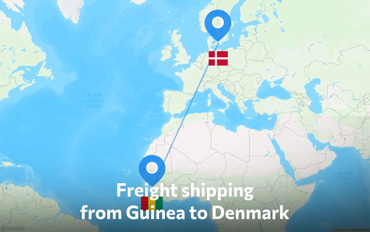 Shipping route from Guinea to Denmark