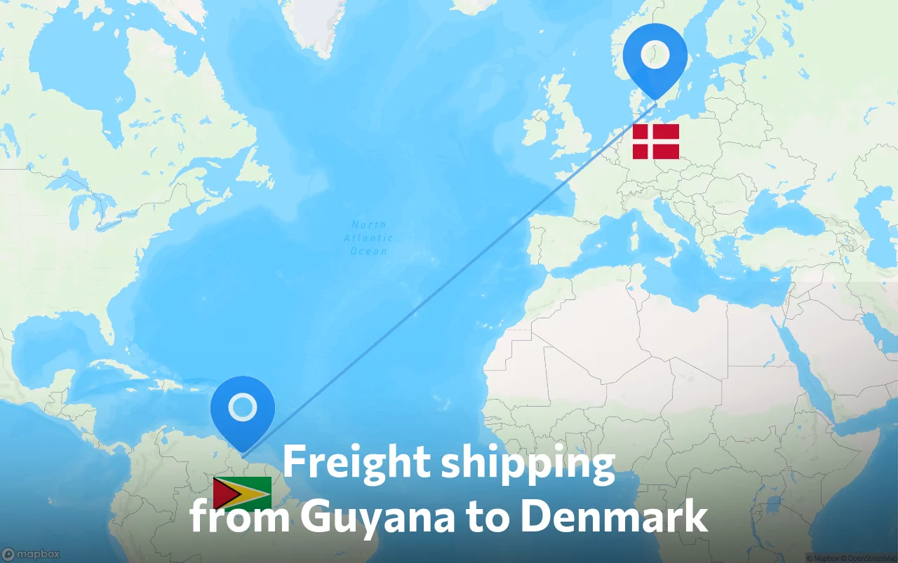 Shipping route from Guyana to Denmark