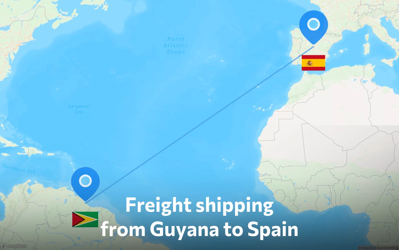 Shipping route from Guyana to Spain