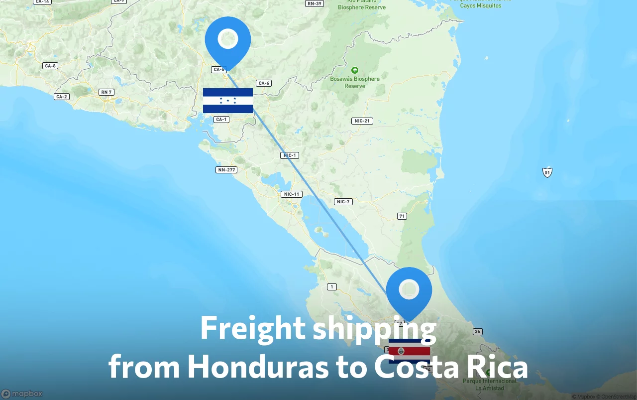Shipping route from Honduras to Costa Rica