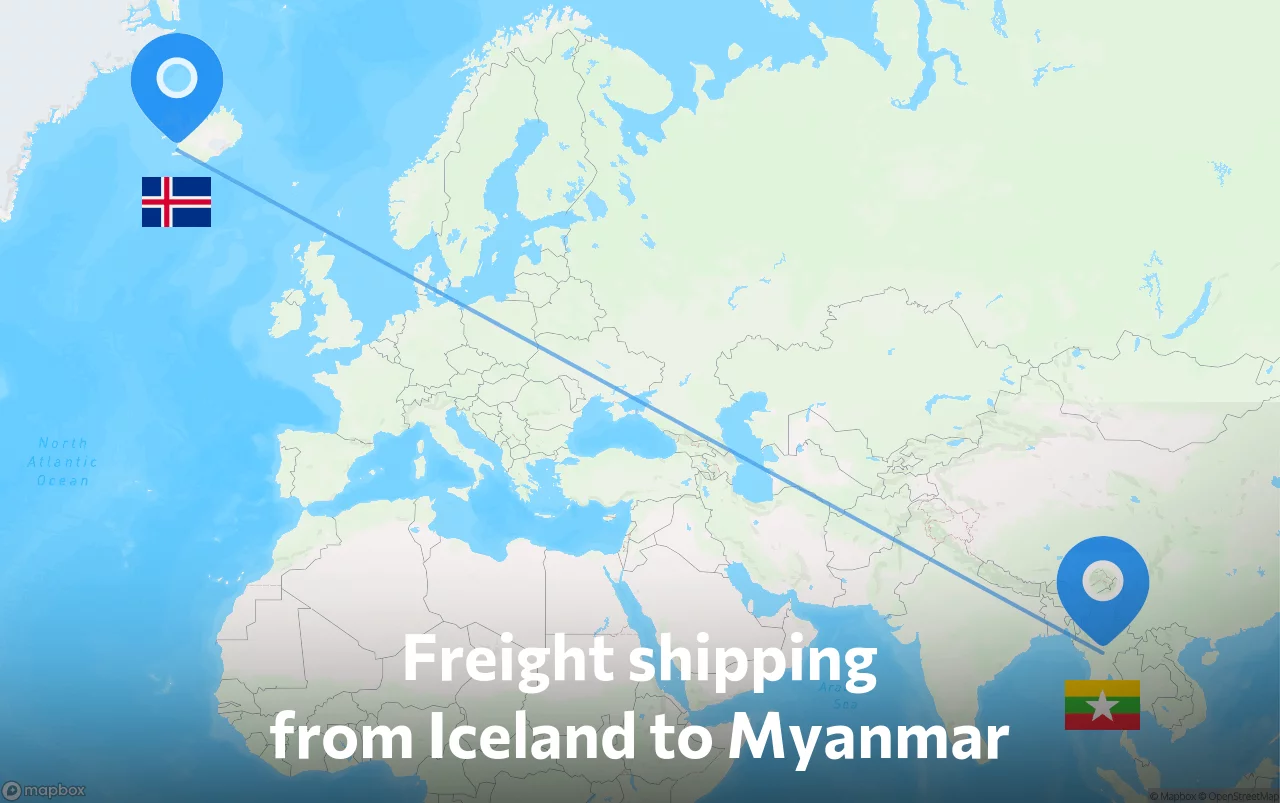 Shipping route from Iceland to Myanmar