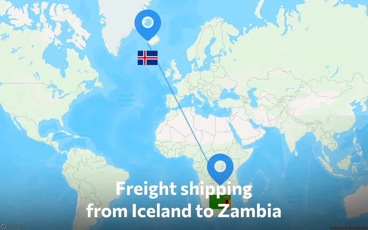 Shipping route from Iceland to Zambia